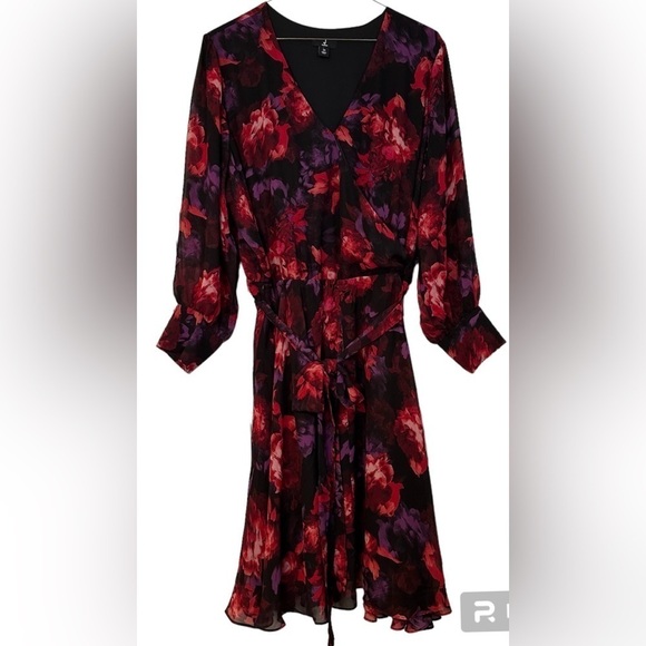 Jason Wu Dress Burgandy & Purple Roses Dark Floral Faux Wrap Belted Size 2X - Picture 1 of 14